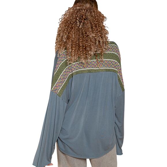 Olive Green Boho Oversize Button Up Shirt MEDIUM Bell Sleeve Slouchy Top POL NEW - Picture 1 of 11